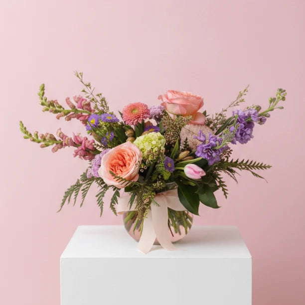 Large Dawn Vase floral arrangement with pink roses and lavender flowers
