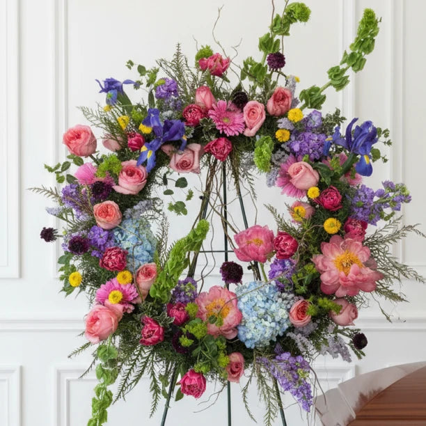 Wildflower sympathy wreath with hydrangeas and roses