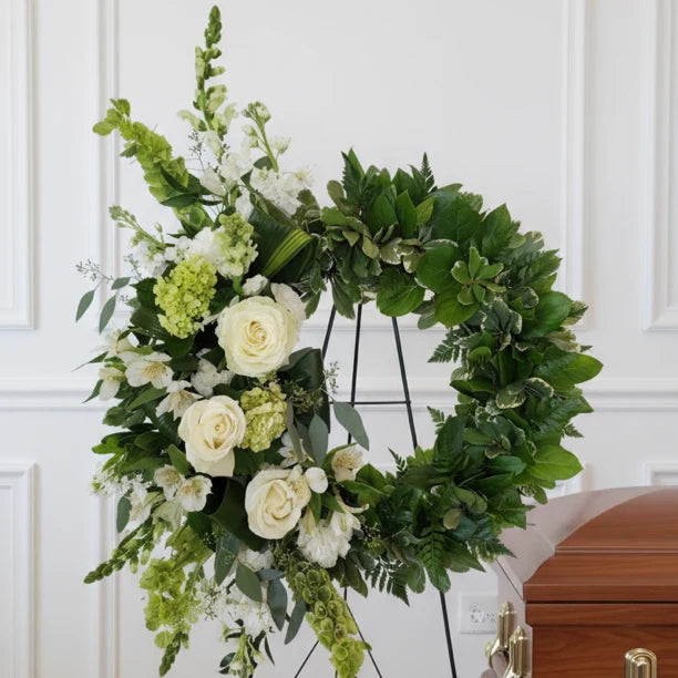 Lush Verdant Foliage and White Blossom Memorial Wreath