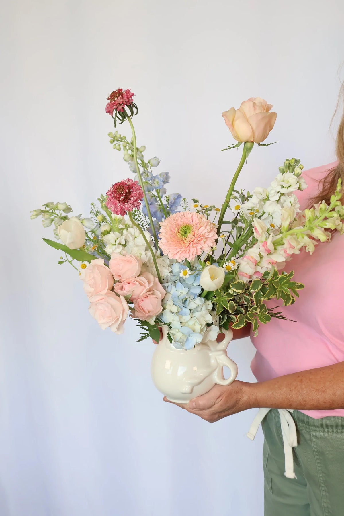The Pamela - White Ceramic Pitcher with Fresh Tulips, Hydrangea, Scabiosa & Spray Roses